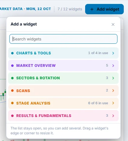 Add a widget list with six colour-coded groups